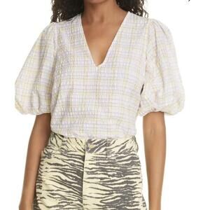 NWT Ganni Women’s Sz 42 Multicolor Checkered Seersucker V-neck Top Blouse